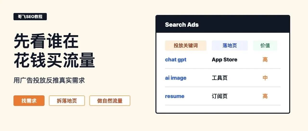 【哥飞SEO教程】怎么用正在投广告的产品,挖掘值得做的赚钱需求